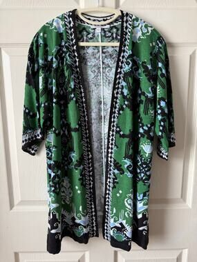 Chico’s Green Black Knit Kimono Cardigan Sz 1 Medium Linen Blend‎ Resort Coastal